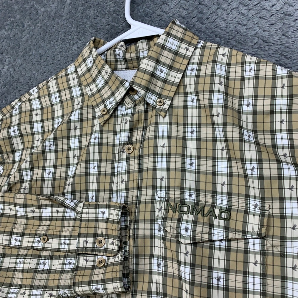 Nomad Button Down Shirt Mens Small Tan Plaid Bird Print Performance Long Sleeve